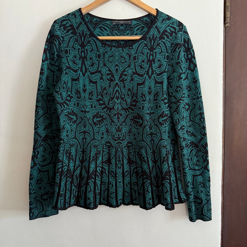 PERUVIAN CONNECTION | Green and Black Pima Cotton Pleat Detail Sweater | Medium